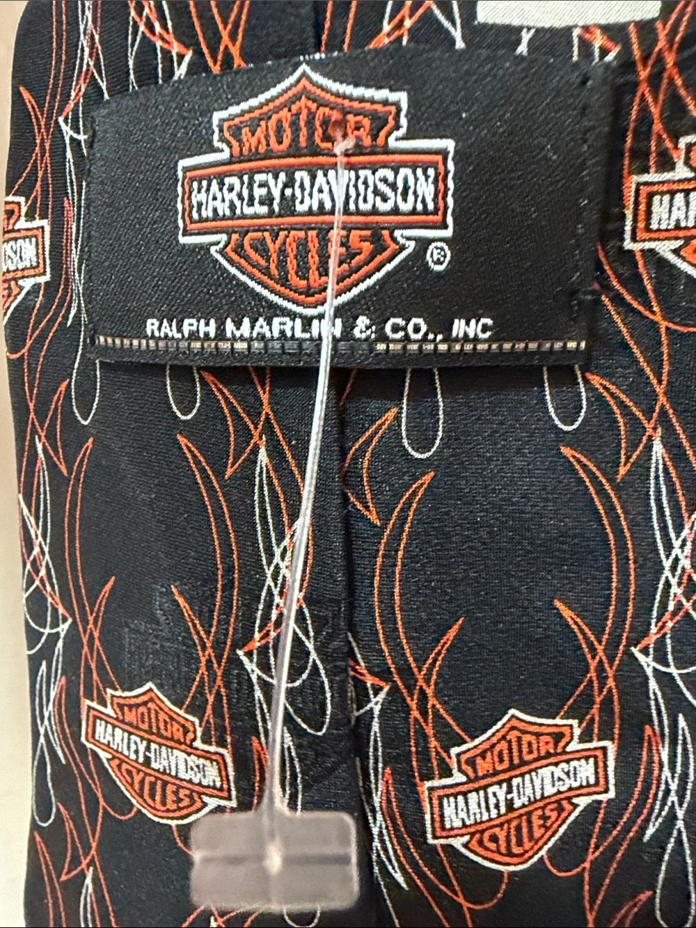 Ralph Marlin. Harley-Davidson Black Tie with Orange Flame Shield Pattern